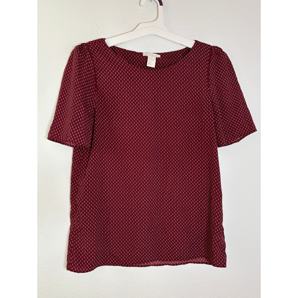 H&M Burgundy White Geometric Leaf Print Short Sleeve Blouse Top Size 6